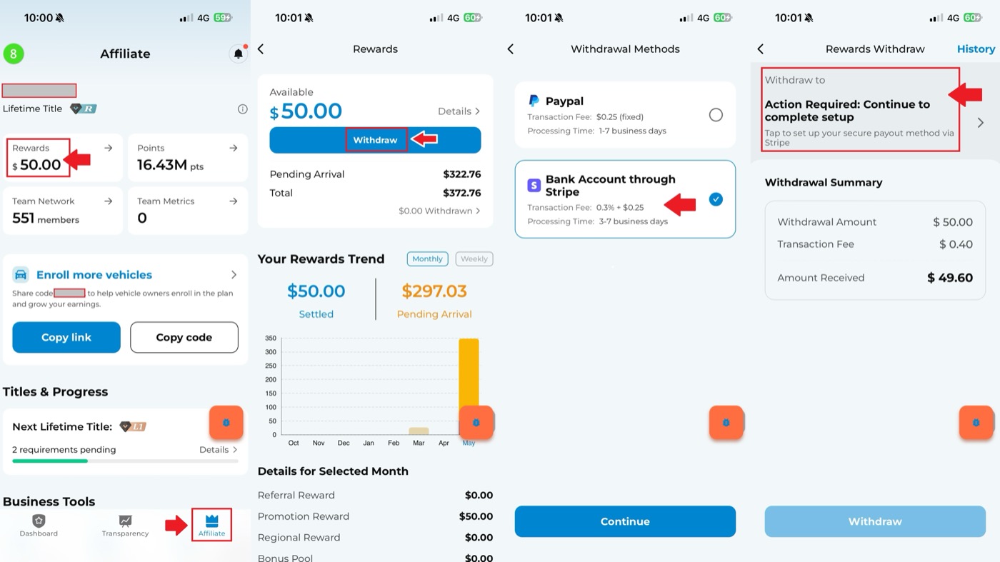 Withdraw rewards through Stripe