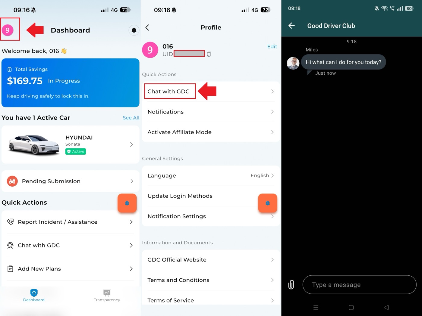 Customer Service entry in the GDC App