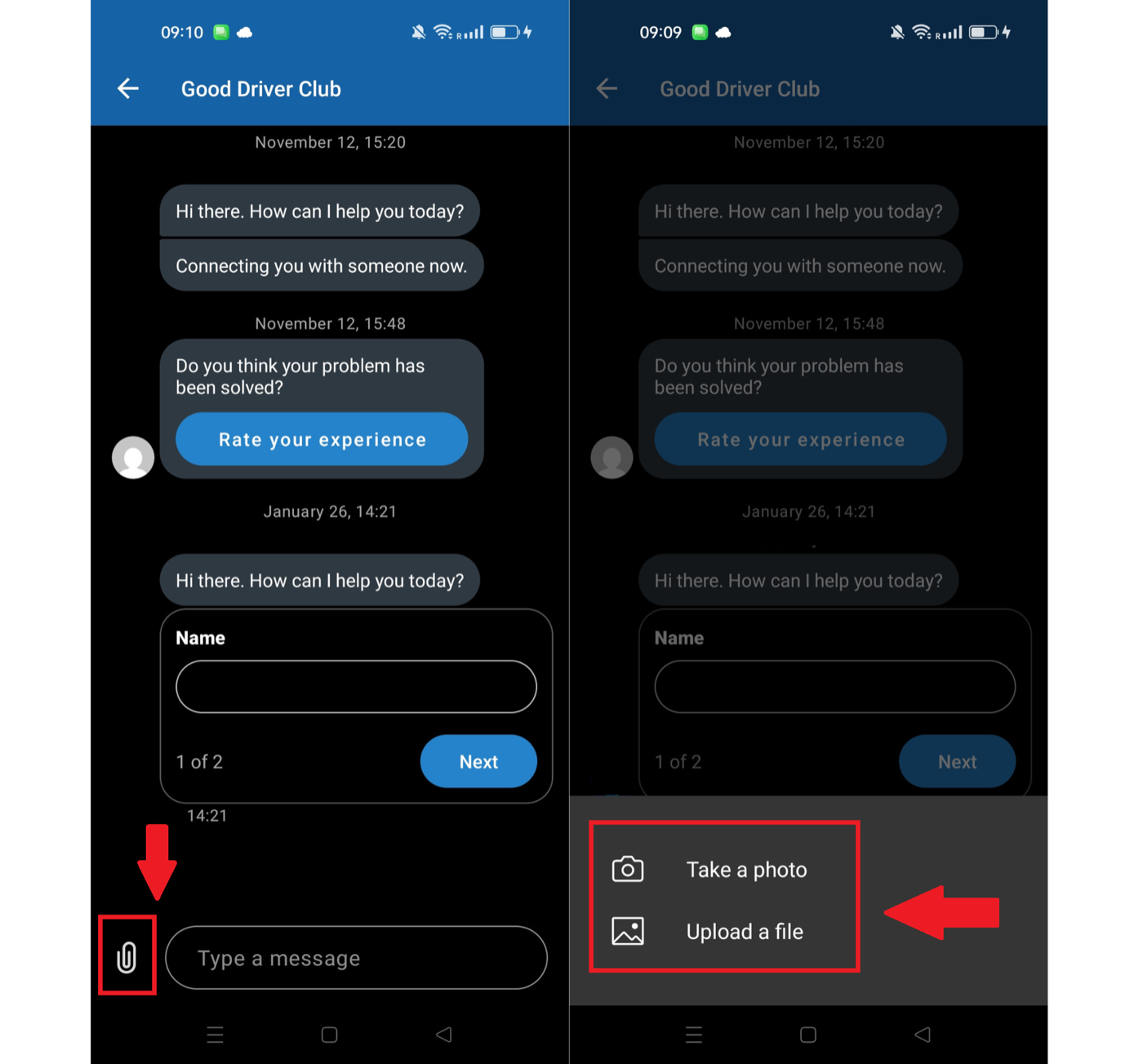 Attachment button for sending a picture to support