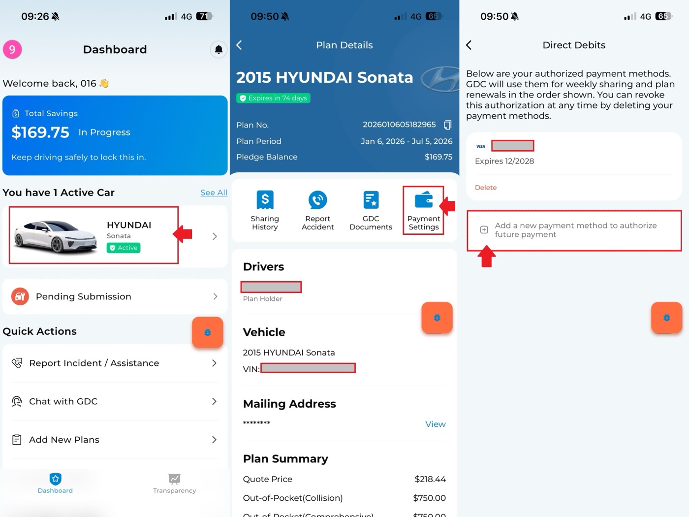 Payment Settings screen showing how to change an authorized payment method