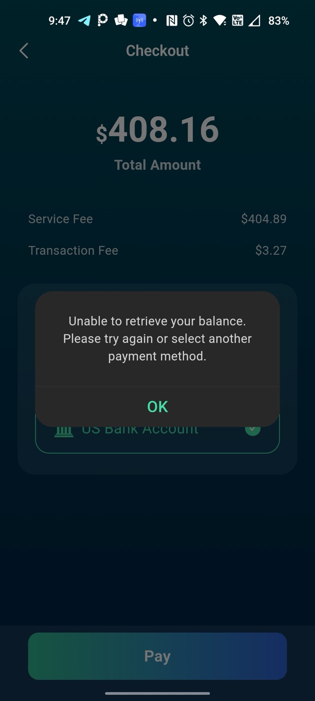 Insufficient funds message in the payment flow