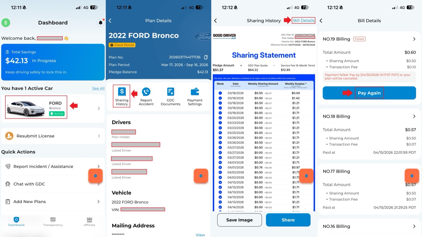 Sharing History screen showing how to manually pay a failed sharing contribution