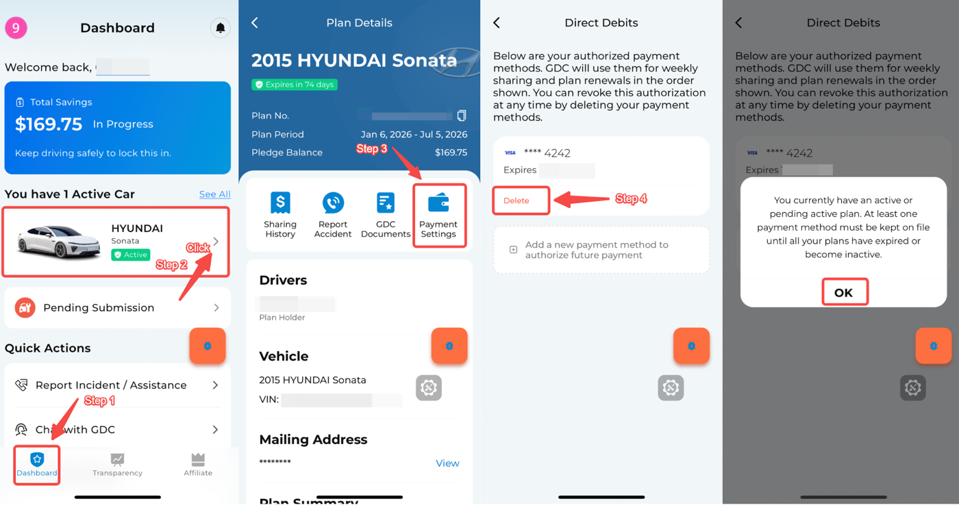 App message showing that one payment method is required while the plan is active