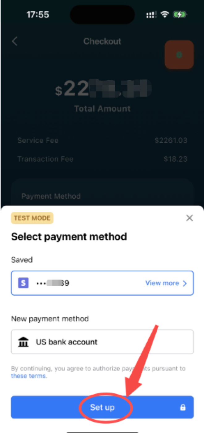Payment screen showing the setup step required before payment starts
