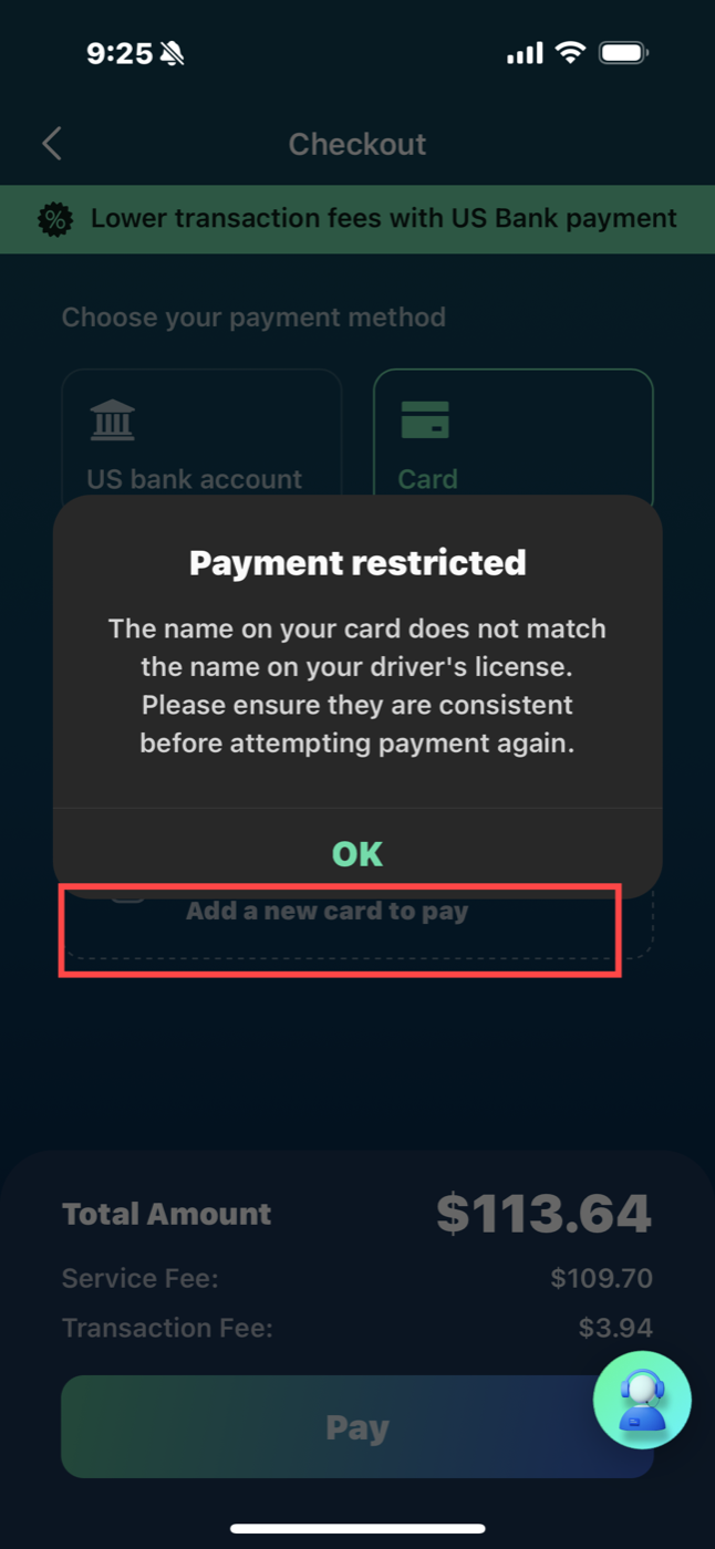 Payment method name mismatch message