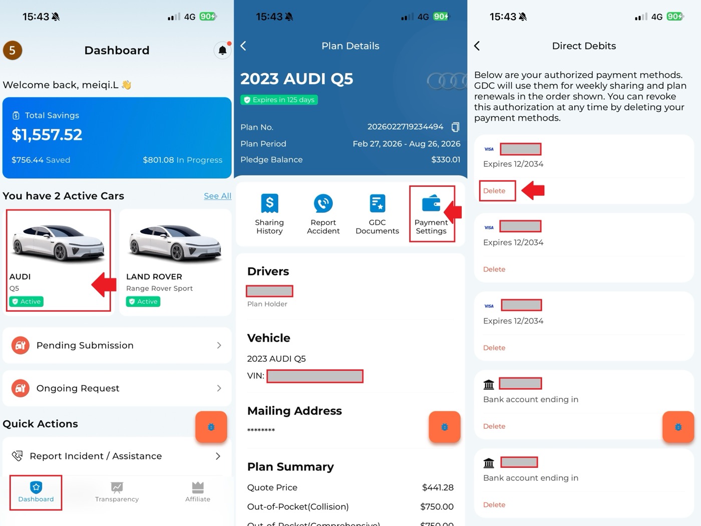 Payment Settings screen showing how to remove a payment method