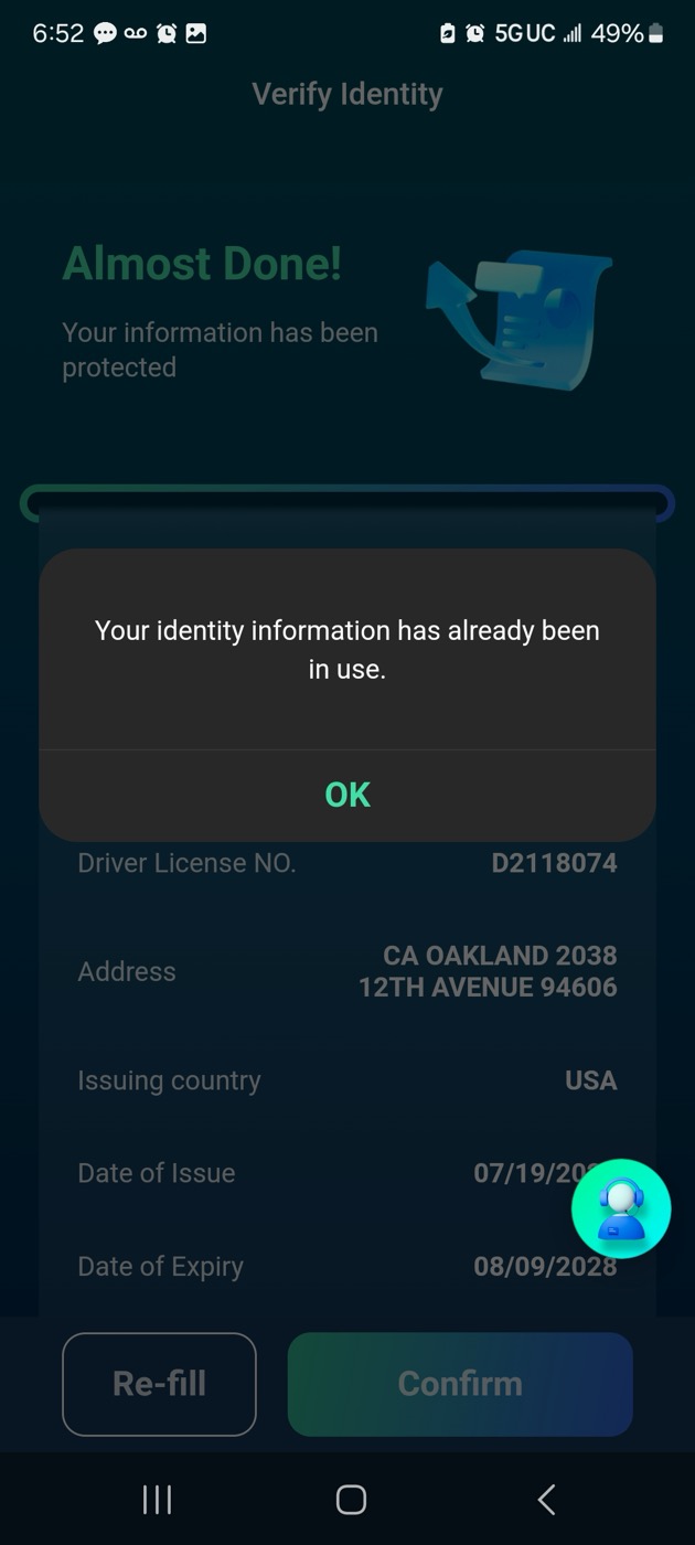 Identity information already used message